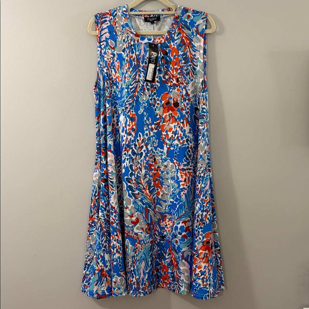 Papillon Blue Abstract Print Sleeveless Swing Dress w/ Pockets - Picture 6 of 7